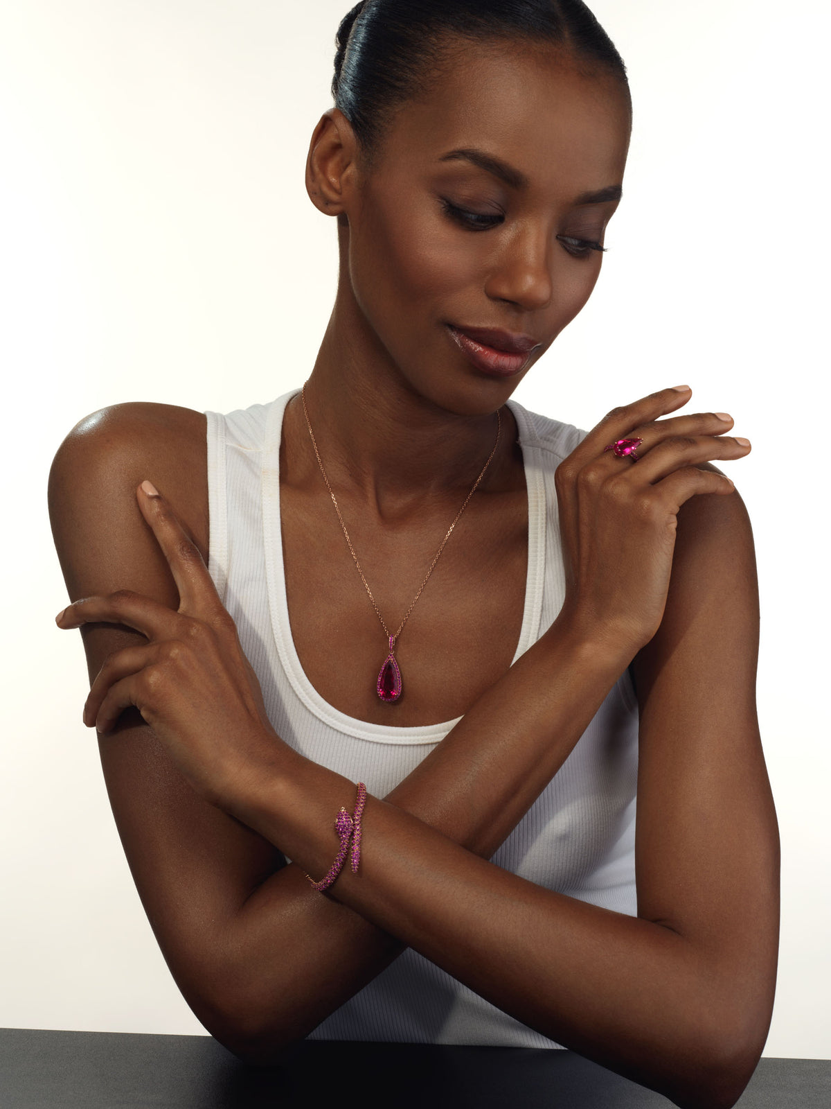 Rubellite Aura Tilted Drop Ring