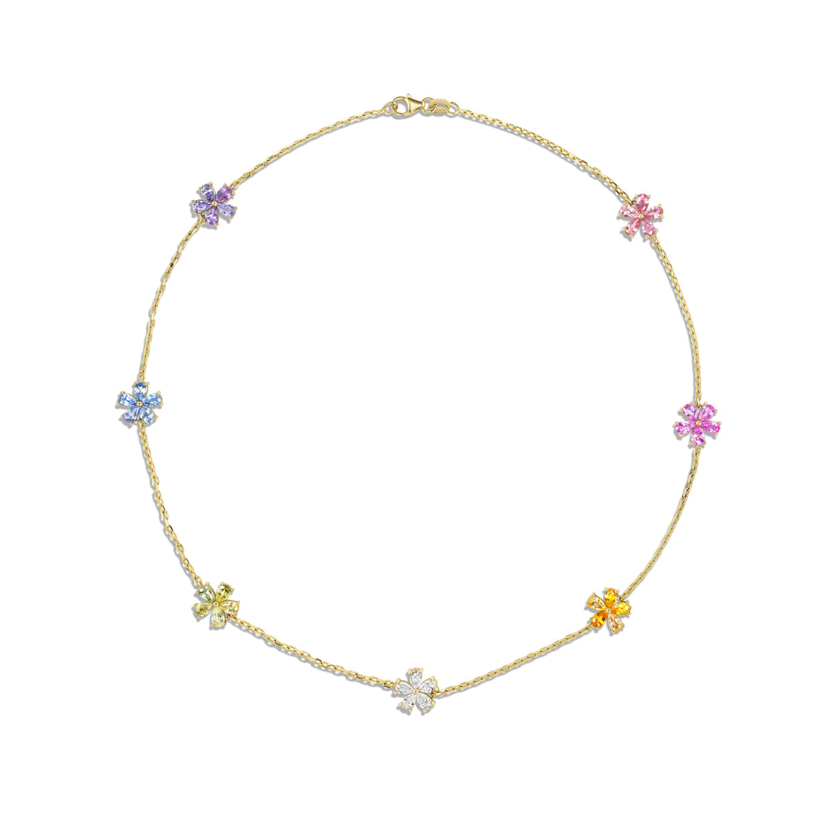 Mini Rainbow & Diamond 7 Motif Forget-Me-Not Diamond Necklace
